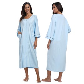 CF Women's 100% Cotton Zipper Robes 3/4 Sleeve House Coat Zip Up Housecoat Warm Full Length Loungewear with Pockets(Light Blue,XL)