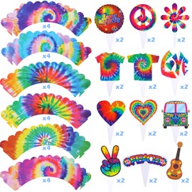 48Pcs Tie Dye Cupcake Toppers & Art Rainbow Cupcake Wrappers Tie Dye Birthday Party Decoration for Hippie Theme Groovy Party Carnival Party Supplies