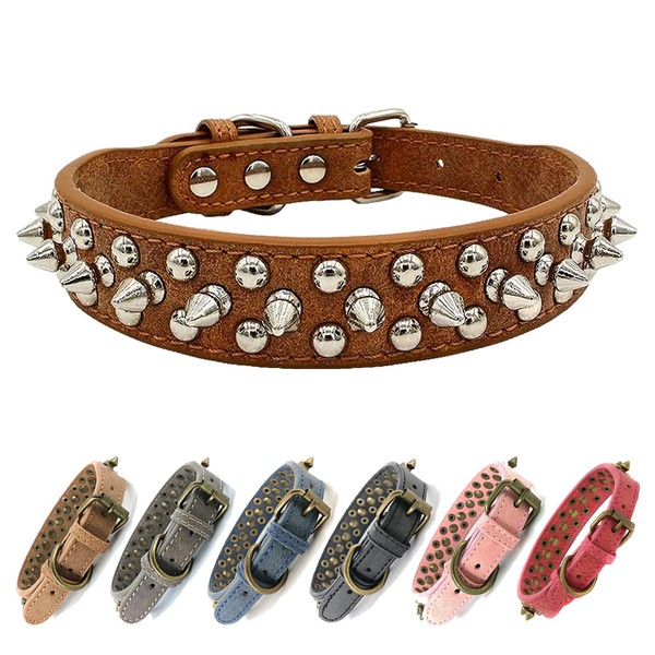 Spiked Studded Dog Collar-Chrome Round Stud Anti-Bite Collar (Brown,L)