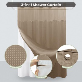 Inhousolu Extra Long No Hook Shower Curtain with Snap in Fabric Liner Set Waffle Weave 230GSM Weighted Hem, Waterproof & Washable Bathroom Curtain Spa Luxury with Mesh Top Window 72" W x 84" L Beige