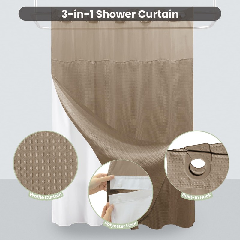 Inhousolu Extra Long No Hook Shower Curtain with Snap in