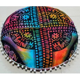 Round Mandala Floor Pillow Cover Seating Cushion Throw Cover Hippie Decorative Bohemian Ottoman Pouf Cover, Pom Pom Pillow Cases,Boho Indian 22 Inches (Multi Up hathi)