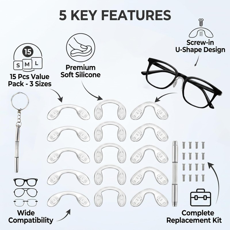 15 Pcs U Shaped Silicone Eyeglasses Nose Pads,Screw-in Glasses Nose
