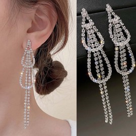 TseenYi Long Tassel Rhinestone Earrings Silver Rhinestone Tassel Earrings Long Tassel Earrings Bridal Long Tasel Drop Earring Long Earring for Women and Girls, Rhinestone