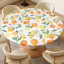 MATGKYO Lemon Floral Tablecloth Fitted Elastic Orange Patio Table Covers Wrinkle Resistant Round Tablecloths Waterproof for Holiday Parties 36" - 44"