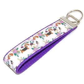Beagle Dog on Purple Fabric Keychain Wristlet Key Fob