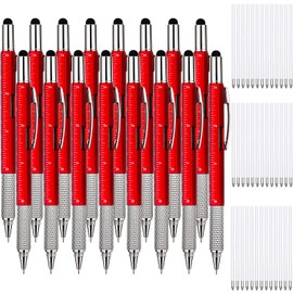 16 Pieces Gift Pen Tool Pen 6 in 1 Multitool Tech Tool Pen with Ruler, Levelgauge, Ballpoint Pen and Pen Refills, Creative Gifts for Men (Red)
