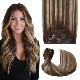 Sweetmet Pro2.0 Clip in Hair Extensions Real Human Hair 120g Thick 7pcs Color #4/27/4 Chocolate Brown to Caramel Blonde Remy Real Human Hair Extensions Clip ins 14inch Double Weft（#4/27/4-14inch）