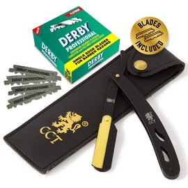 The Cambridge Cutthroat® Cut Throat Razor Kit with Blades & Travel Pouch - Black & Gold Stainless Steel Professional Barber Shaver Men - Straight Edge Moustache & Beard Shaper