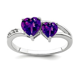 JewelryWeb 925 Sterling Silver Rhodium Plated Diamond and Amethyst Love Heart Ring Size 9 2mm Wide Statement-Ring for Women