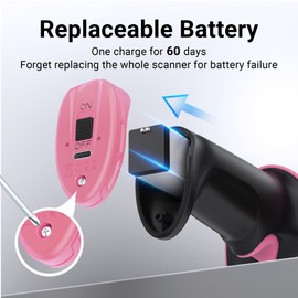 Tera Pro Barcode Scanner with Power Switch Battery Level Indicator 4400mAh Replaceable Battery Wall Mountable Stand 1D 2D QR Works with Bluetooth 2.4G Wireless USB Wired Bar Code Reader D6100 Pink