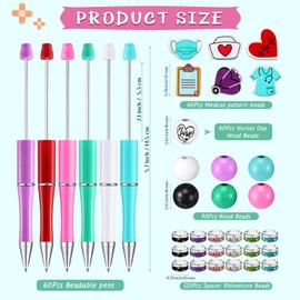 Yeaqee 60 Set Nurse Day Beadable Pen Plastic Beadable Pens Bulk Nurse Day Gift Pens DIY Making Kit Beads for Crafts Assorted Bead Pens for Nurse Doctor Hospital