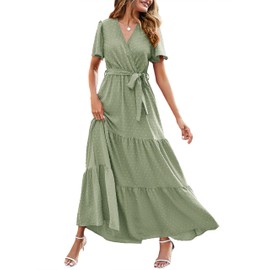 MASCOMODA Women Boho Swiss Dot Maxi Dresses Wrap V Neck Flutter Short Sleeve Solid Tie Waist A Line Tiered Flowy Long Dress(Light Green,Small)
