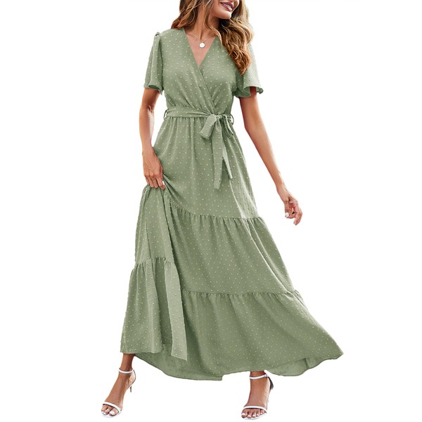 MASCOMODA Women Boho Swiss Dot Maxi Dresses Wrap V Neck