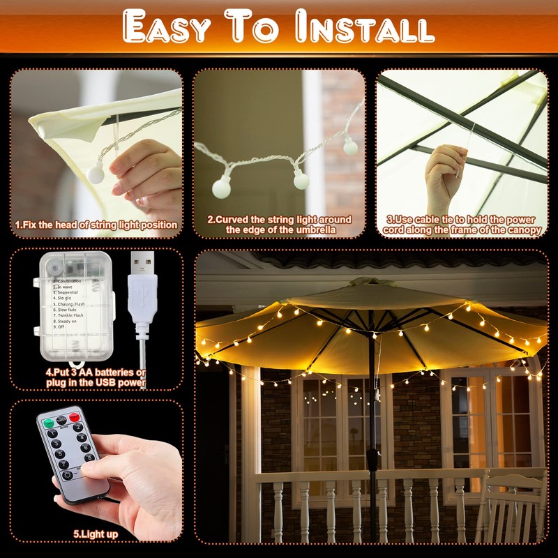 32 Feet Patio Umbrella Lights, 8 Lighting Modes LED String