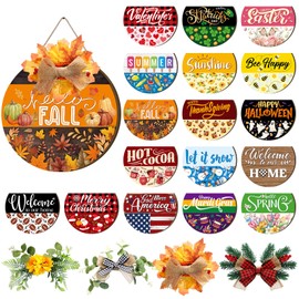 Vicenpal Interchangeable Welcome Sign for Front Door with 17 Magnetic Icons, Wooden Seasonal Front Porch Door Decor with 4 Seasonal Wreaths and 17 Changeable Icons for Holiday Party(Black)