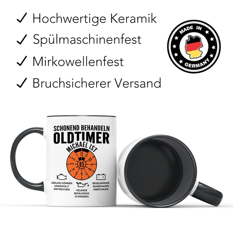 Oldtimer Tasse 85. Geburtstag Mann personalisiert mit Namen Geschenkidee Geschenk