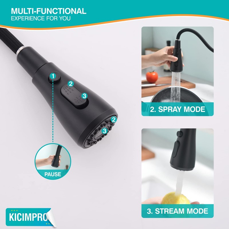 Kicimpro Matte Black Kitchen Faucet with Pull Down Sprayer, 304