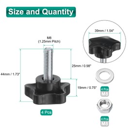 sourcing map 4pcs Star Clamping Knobs with Nuts Washers, M8 x 25mm Metric Zinc Plated Carbon Steel Male Thread 39mm 5-Star Plastic Head, Threaded Stud Hand Knobs Handles Thumb Screws, Black