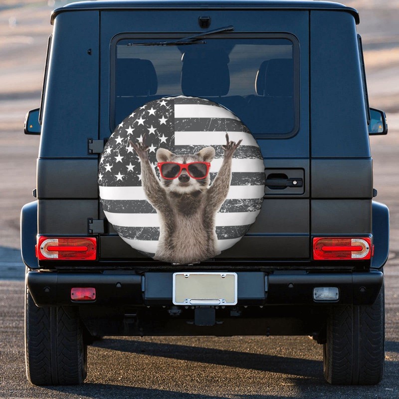 Funny Raccoon Spare Tire Cover Black White American Flag 15