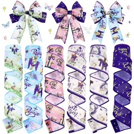 Duraaamo 6 Rolls 30 Yards He is Risen Wired Edge Ribbon Easter Jesus Ribbon Spring Flowers Rabbit Cross Printed Fabric Ribbon for Gift Wrapping Bow Wreath Making Craft Supplies