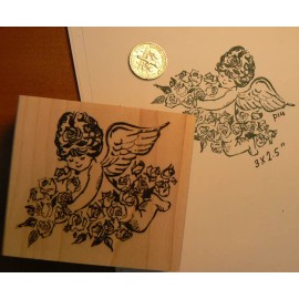 Dragonflylaser Retro style angel with flowers  WM Rubber stamp P14