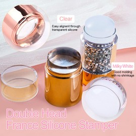 NAILGIL French Nails Stempel Set, 9pcs Nagelstempel mit weißem Gel Nagellack, Klarer milchig-weißer Silikon Nagelstempel Doppelkopf für French Style Transfer Nail Stamping Set Salonqualität