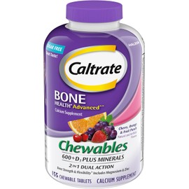 Caltrate Chewables 600 +D3 Plus Minerals Calcium and Vitamin D, Sugar Free, Cherry, Orange and Fruit Punch, 155 count