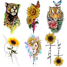 Oottati 6 Sheets Tiny Small Temporary Tattoos For Women Men Finger Hands Neck Wrist Face, Cute Long Lasting Cartoon Fake Tattoo Stickers For Kids Boys Girls Leopard Tiger Lion Sunflower Butterfly