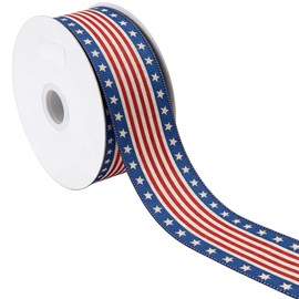 Vintage Americana Stars and Stripes Wired Edge Burlap Ribbon 2.5 Inch x 10 Yards, Red White Blue Patriotic Ribbon for 4th of July Memorial Day Wreath Bow DIY Decor