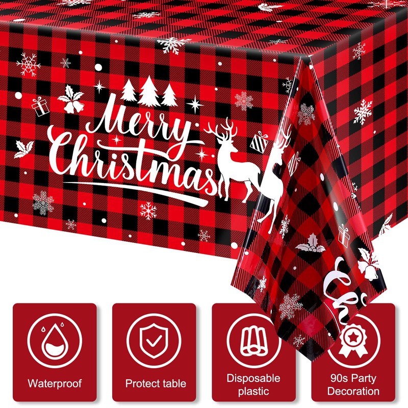 Merry Christmas Buffalo Plaid Table Covers Snowflake Tablecloth Plastic Gingham