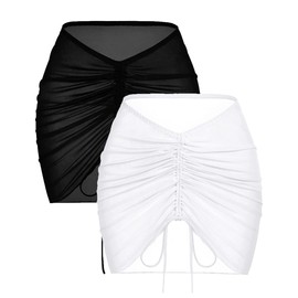 AI'MAGE 2 piezas para mujer, para playa, pareo corto, de gasa, con cordón, fruncido, S-XXL, Blanco y Negro, L