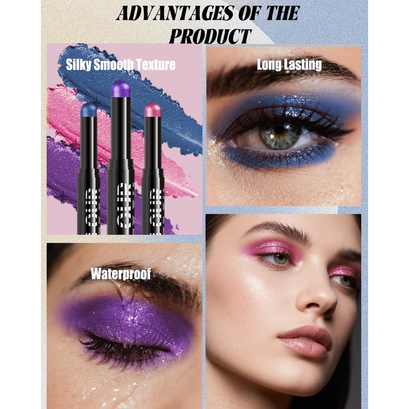 Purple Shimmer Eyeshadow Stick,Long Lasting Cream Eye Shadow Pen for