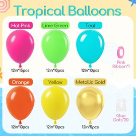 60pcs 12inch Tropical Balloons, Hot Pink Lime Green Teal Orange Yellow Metallic Gold Balloons for Luau Tropical Hawaiian Baby Shower Themed Birthday Party Decorations