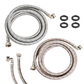 2 Pack 12 FT Washing Machine Hoses with 90 Degree Elbow, Stainless Steel Washer Hoses Burst Proof Red and Blue Striped Water Supply Lines, 3/4" FHT Thread