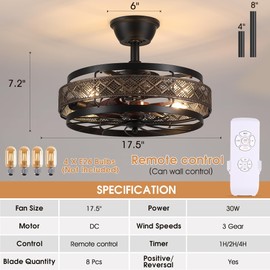 SHIHOT 18" Black Caged Ceiling Fan with Lights, Bladeless Industrial Ceiling Fan with Remote, 6 Speeds, Farmhouse Ceiling Fan Light Fixture for Kitchen, Bedroom(Bulbs Not Included)