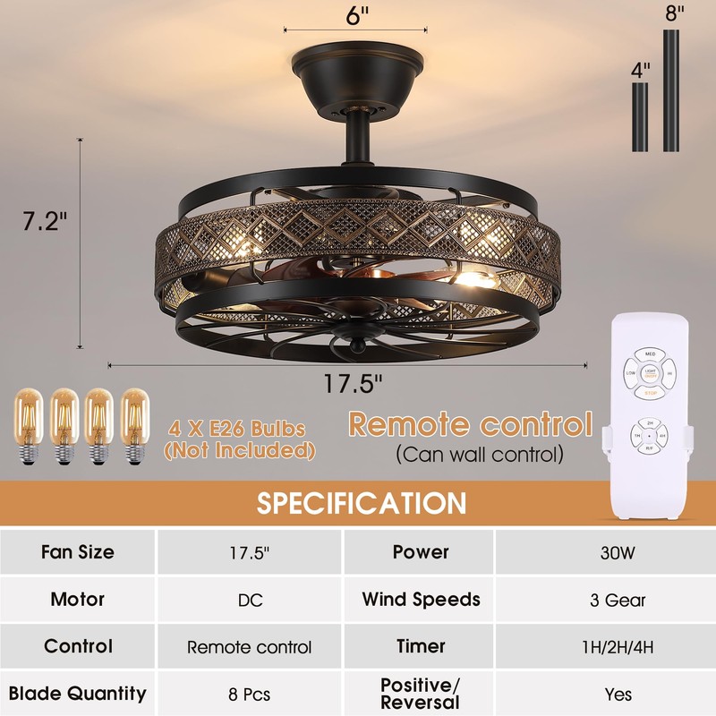 SHIHOT 18" Black Caged Ceiling Fan with Lights, Bladeless Industrial