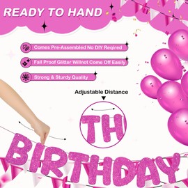 Fulmoon Glitter Pre Strung Happy Birthday Banner No DIY Birthday Party Decorations Happy Birthday Sign Birthday Decor for Men Women Boy Girls Backdrop (Hot Pink)