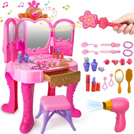 Toddler Vanity Magic Makeup Set Table and Chair Girl Toy Automatically Mirror with Music Light Pink Toys for 2 3 4 5 Year Old Girls Hair Salon Pretend Play Princess Dress Up Playset Gift Toddler 1-3