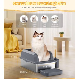 Stainless Steel Litter Box - Metal Litter Box with Lid, XL Litter Boxes for Big Cats, Small Cats, Multiple Cats, Extra Large Cat Litter Box with High Sides, Kitty Litter Box with Litter Scoop and Step
