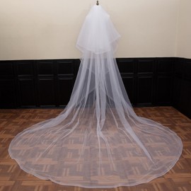 Fubney Bridal Veil Horsehair Edge Wedding Veil with Metal Comb,2 Tier Simple Tulle Ribbon Edge Cathedral Long Veil for Bride