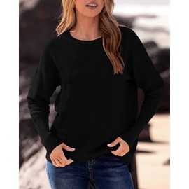 BTFBM Casual Women 2025 Fall Sweater Long Sleeve Ribbed Knit Pullover Loose Crewneck Batwing Split Sweater, Black, Large