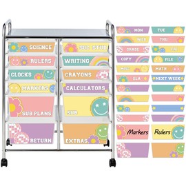 48 PCS Rolling Cart Labels Preppy Drawer Rolling Storage Cart Labels Patch Classroom Decorations Teacher Must Have 10 and 12 Drawers Carts Label for Teachers Office Classroom Organization