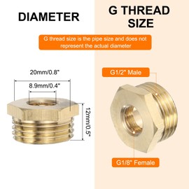 sourcing map 2 Pcs Brass Reducer Hex Bushing G1/2" Male x G1/8" Female Threaded Reducing Pipe Adapter Fitting with PTFE Tape for Plumbing, Fuel Lines, and Pneumatic Systems