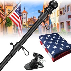 Barcetine Flag Pole Set with US Banners-kit Includes Heavy Duty Flagpole,Weather Resistant Embroidered Flag,Steel Bracket,for Outside House,Porch Aluminum Alloy Sectional Flagpole Kit - color: white, size: 5ft, flag size: 3×5