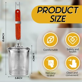 Tessco 4 Pcs Pasta Strainer, 5.9'' x 6.3'' Stainless Steel Pasta Basket Mesh Cooker with Wood Handle, Spider Strainer Kitchen Skimmer for Food Dumpling Noodle Blanching(Dark Color)