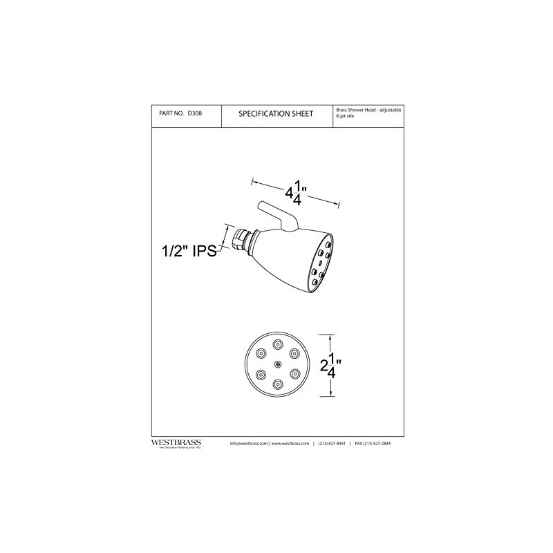 Westbrass D308-62 Speakerman Style 2-1/4" Brass 6-Jet Adjustable Shower Head,