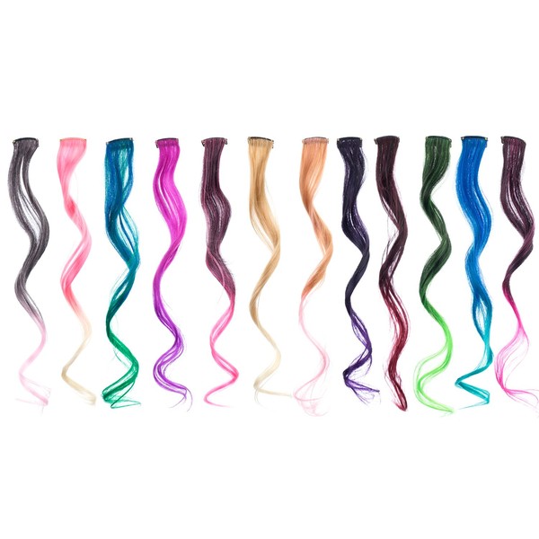 SWACC 12 Pcs Ombre Colored Party Highlights Clip on in Hair Extensions Multi-Colors Hair Streak Synthetic Hairpieces (12 Colors in Set -Curly)