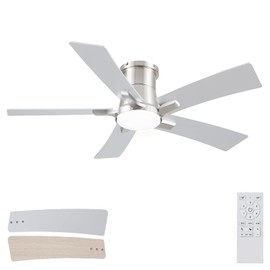 46 Inch Ceiling Fans with Lights and Remote, Nickel Low Profile Ceiling Fan, Flush Mount Style with 5 Blades, for Indoor Bedroom Living Room/Outdoor, 6 Speed Reversible DC Motor, 3CCT Dimmable LED