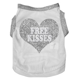 Petitebella Camisa para perro con diseño de corazón «Free Kisses», color blanco y plateado, talla S